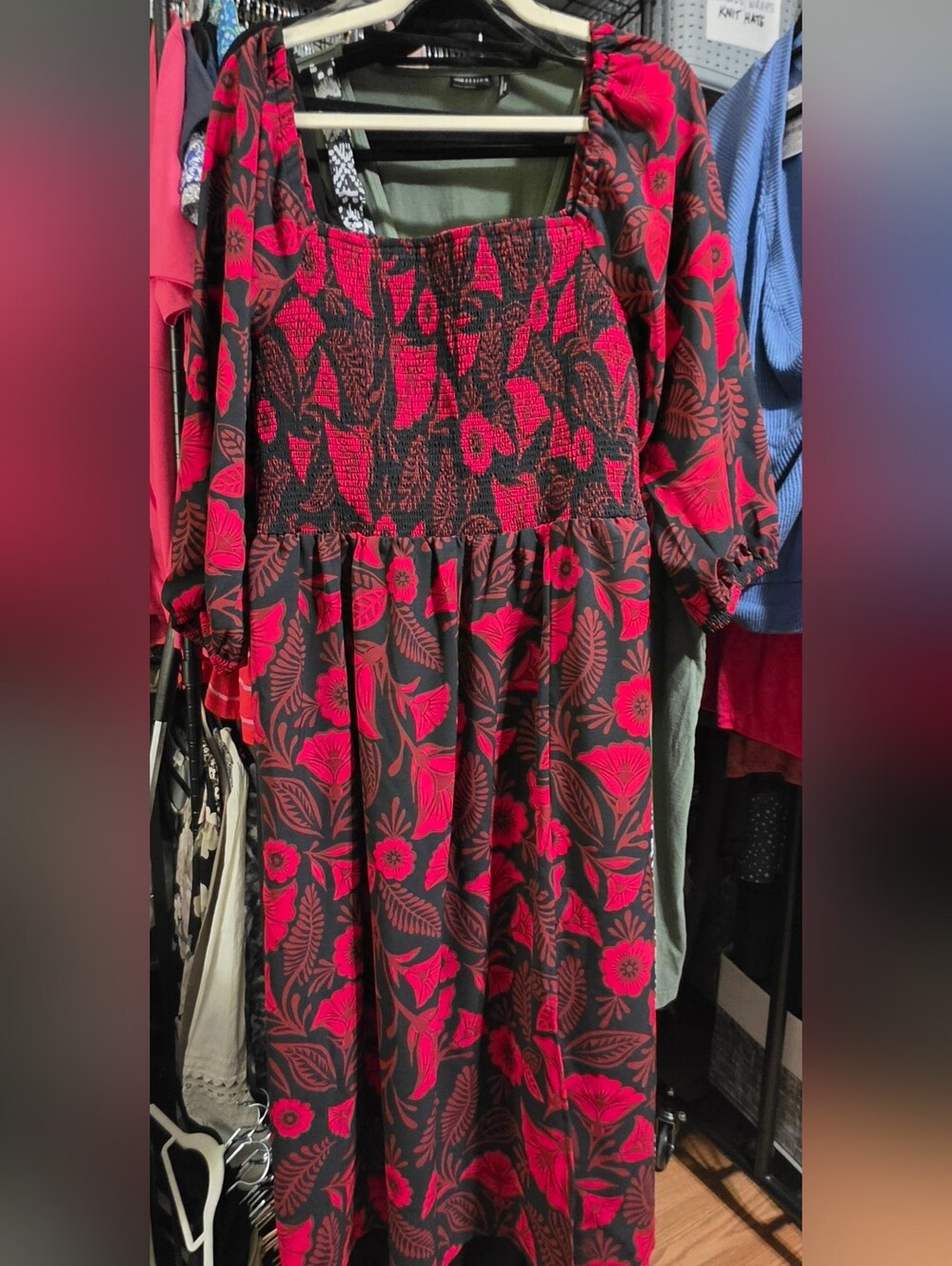 Woven Smocked Maxi Dress in Red Floral